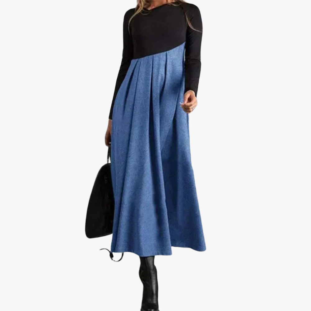 A-Line Midi Dress - Cut-Out Neck, Long Sleeve