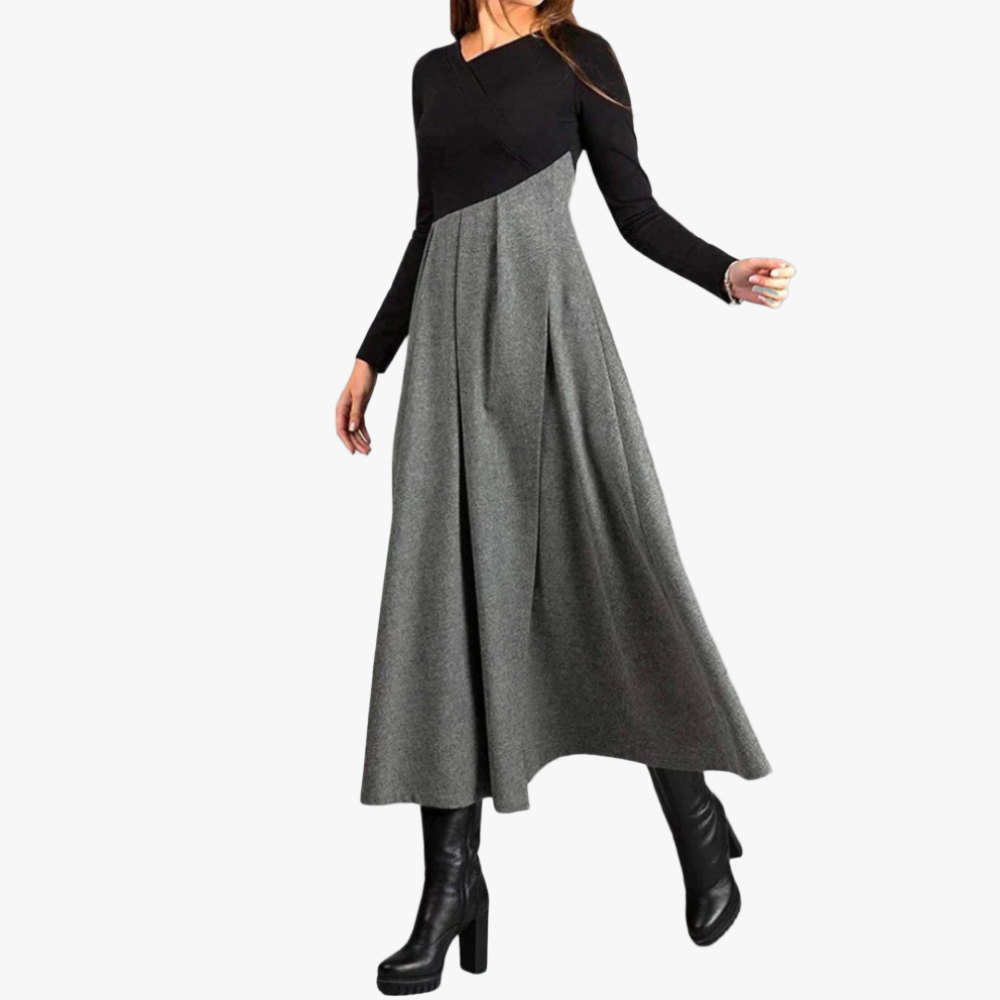 A-Line Midi Dress - Cut-Out Neck, Long Sleeve