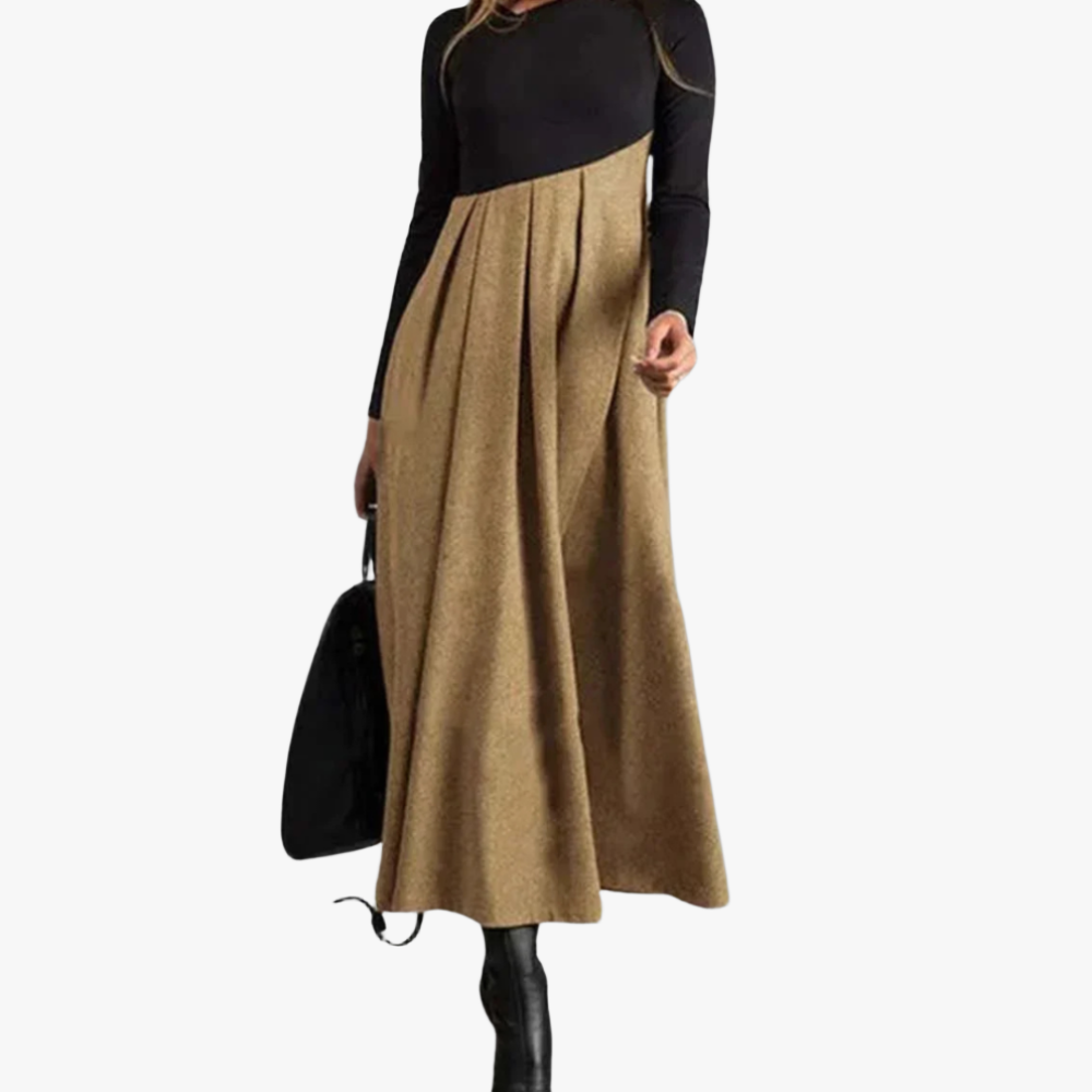 A-Line Midi Dress - Cut-Out Neck, Long Sleeve