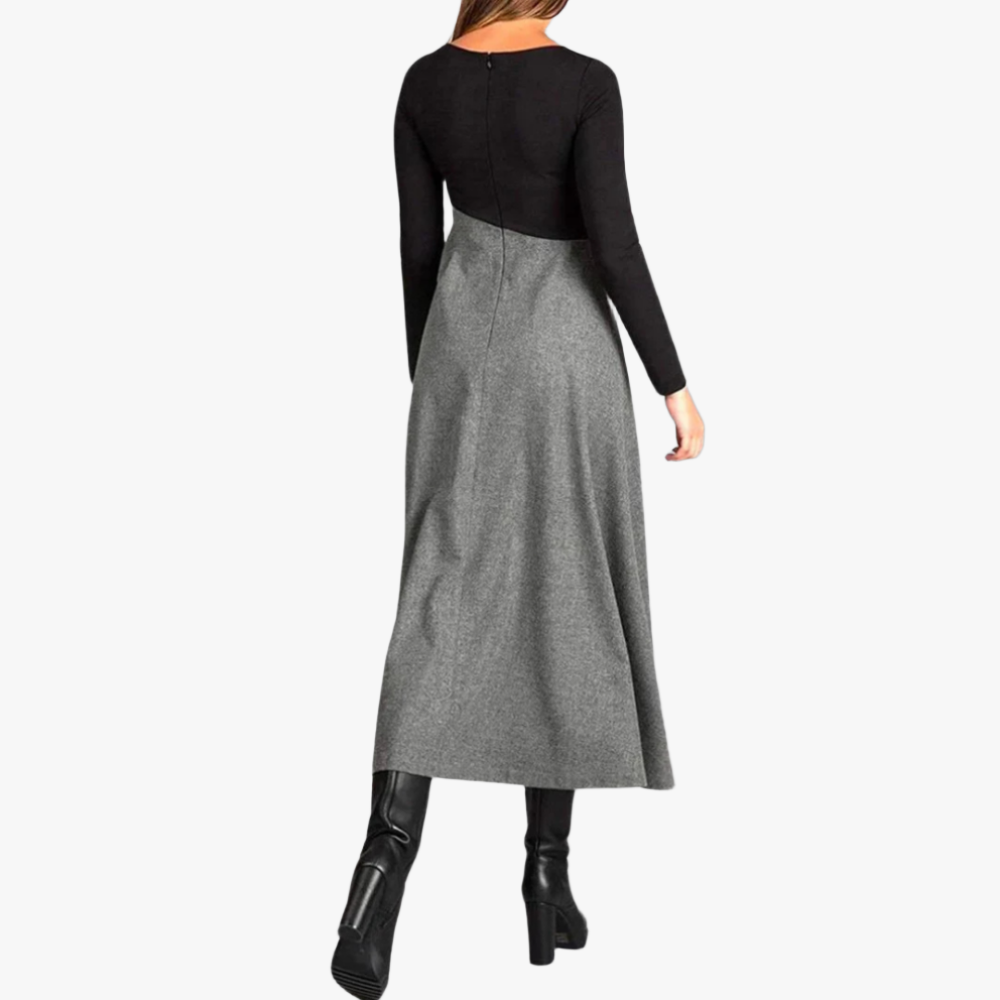 A-Line Midi Dress - Cut-Out Neck, Long Sleeve