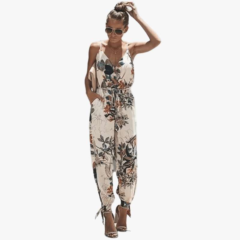 Floral Maxi Dress - Cream, Wide-Leg, Strappy