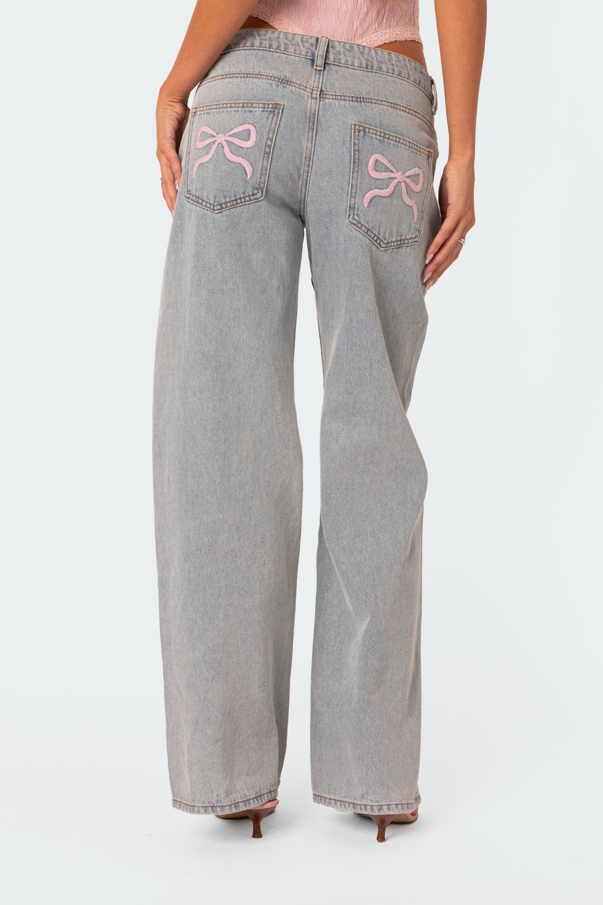 Women's Light Wash Wide Leg Jeans with Embroidered Bow Details-83512-6789a4e9-9004-4711-9829-c95821dbe823