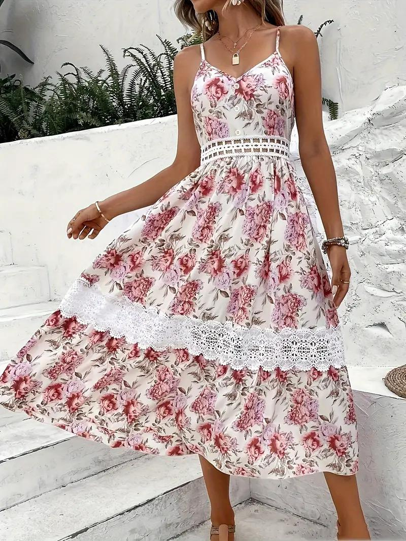 Floral Lace Midi Dress with V-Neck