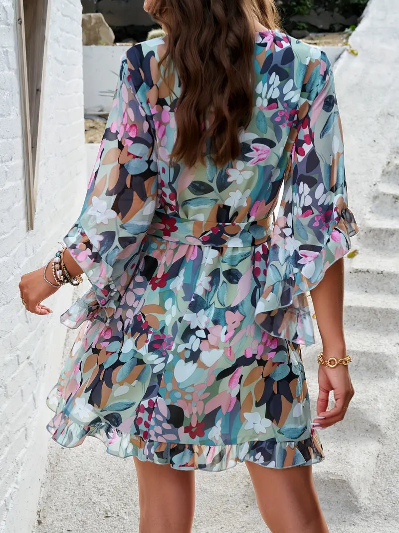 Floral Wrap Mini Dress - Ruffle Hem and Bell Sleeves