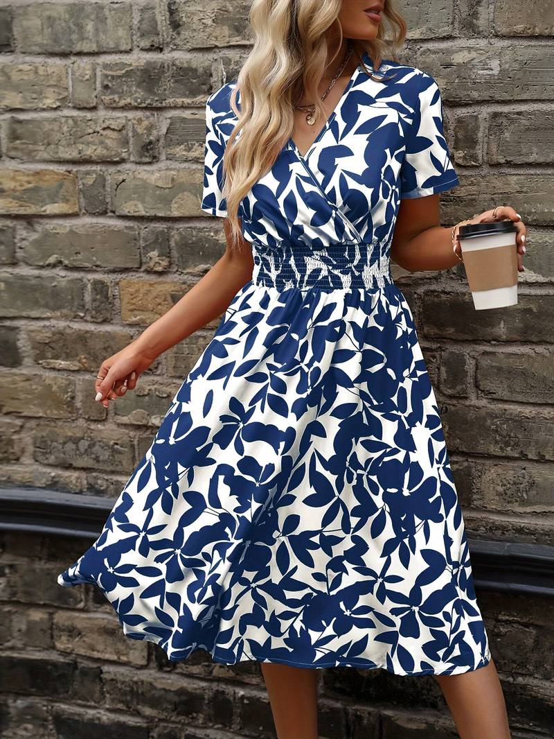 Floral Midi Dress - V-Neck & Elastic Waist