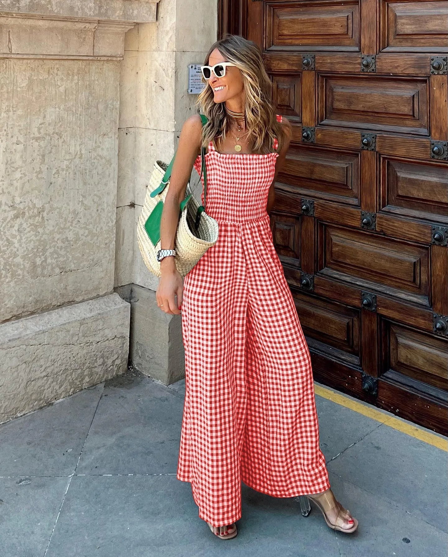 Gingham Jumpsuit - Smocked Wide Leg Design