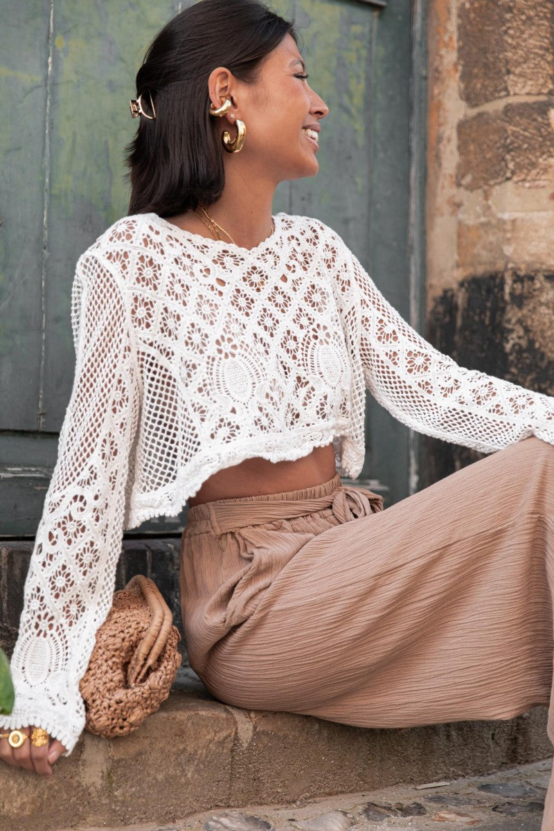 Basicfold Women's Crochet Long Sleeve Dress – White, Unique Pattern-76533-6958006d-62f0-44ef-a32a-4a014575403a