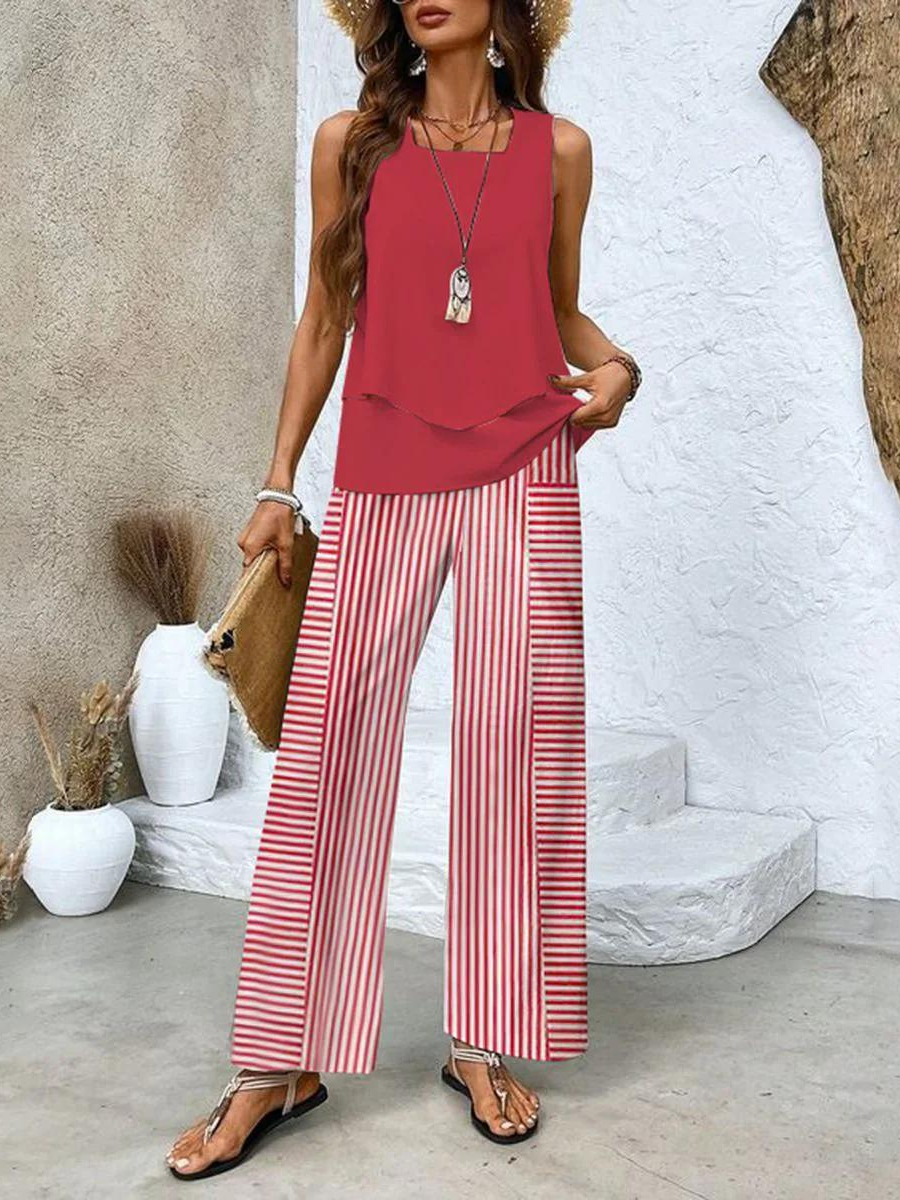 Patterned Two-Piece Set - Wide-Leg Pants