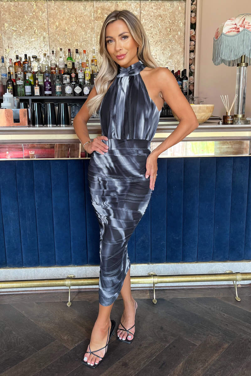 Halter Midi Dress - Fitted Waist, Side Slit