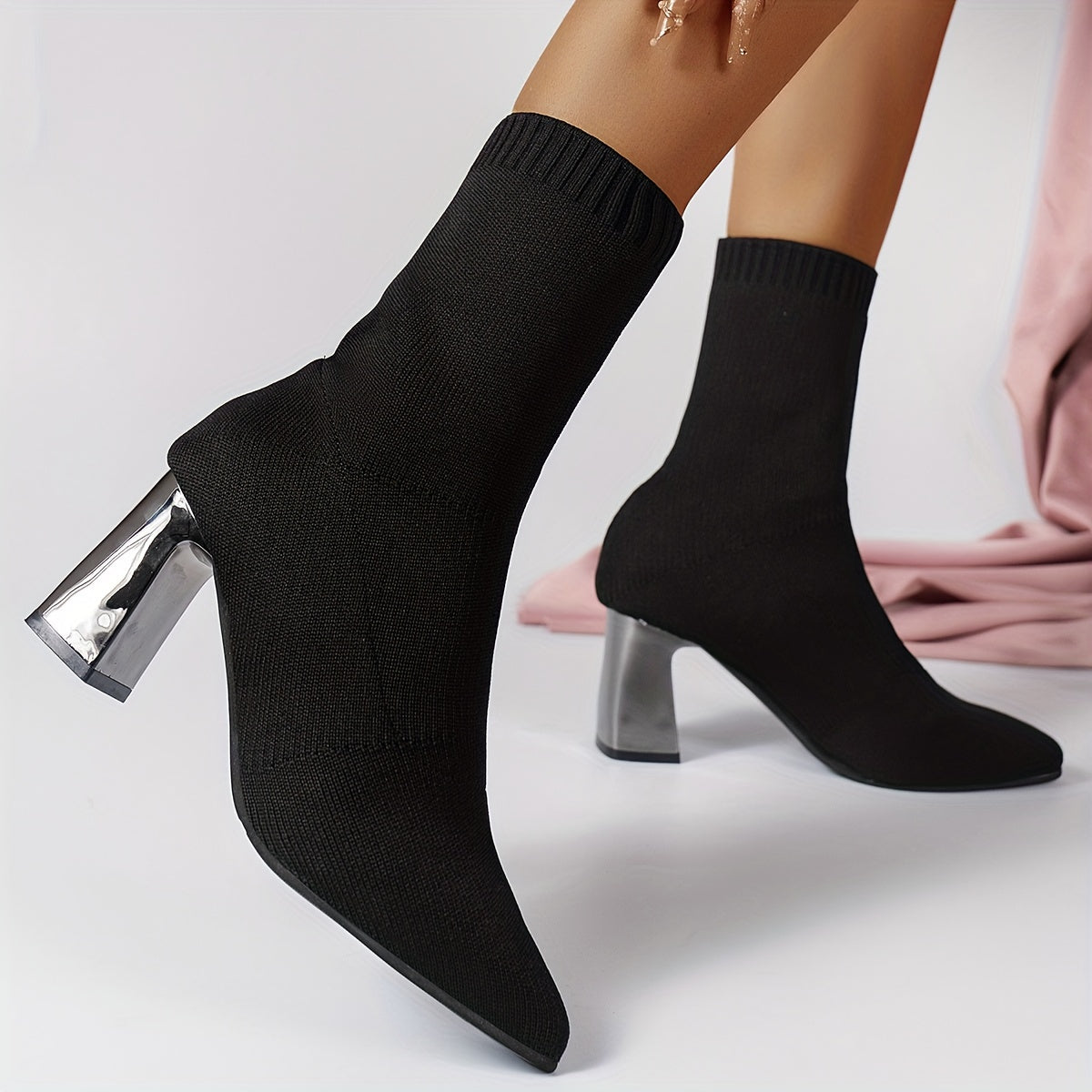 Knit Ankle Boots with Geometric Heel