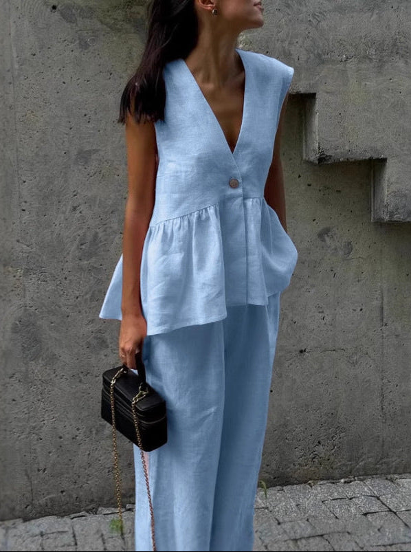 Basicfold Women's Linen Two-Piece Set – Sleeveless V-Neck Top & Wide-Leg Pants-83272-6a930d19-d39a-43f0-8058-4014556be65f