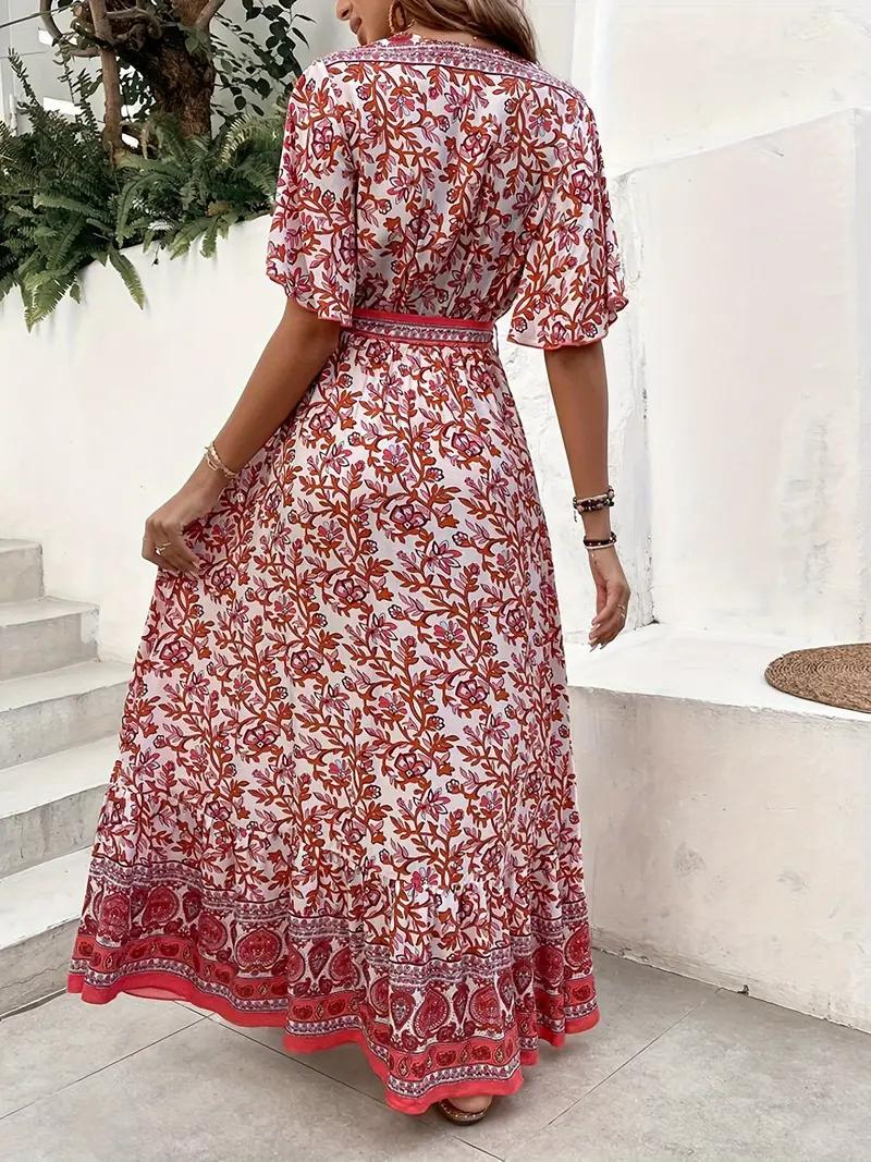 Maxi Dress Floral Print V-Neck Tie Waist Short Sleeve Flowy Bohemian Summer Dress-82359-6b4baf6b-445a-41f9-842a-eedb43b0d310