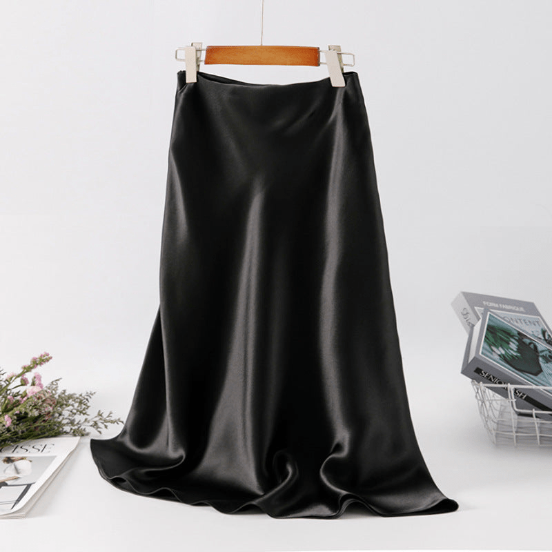 Satin Midi Skirt - High Waist, Flared Hem