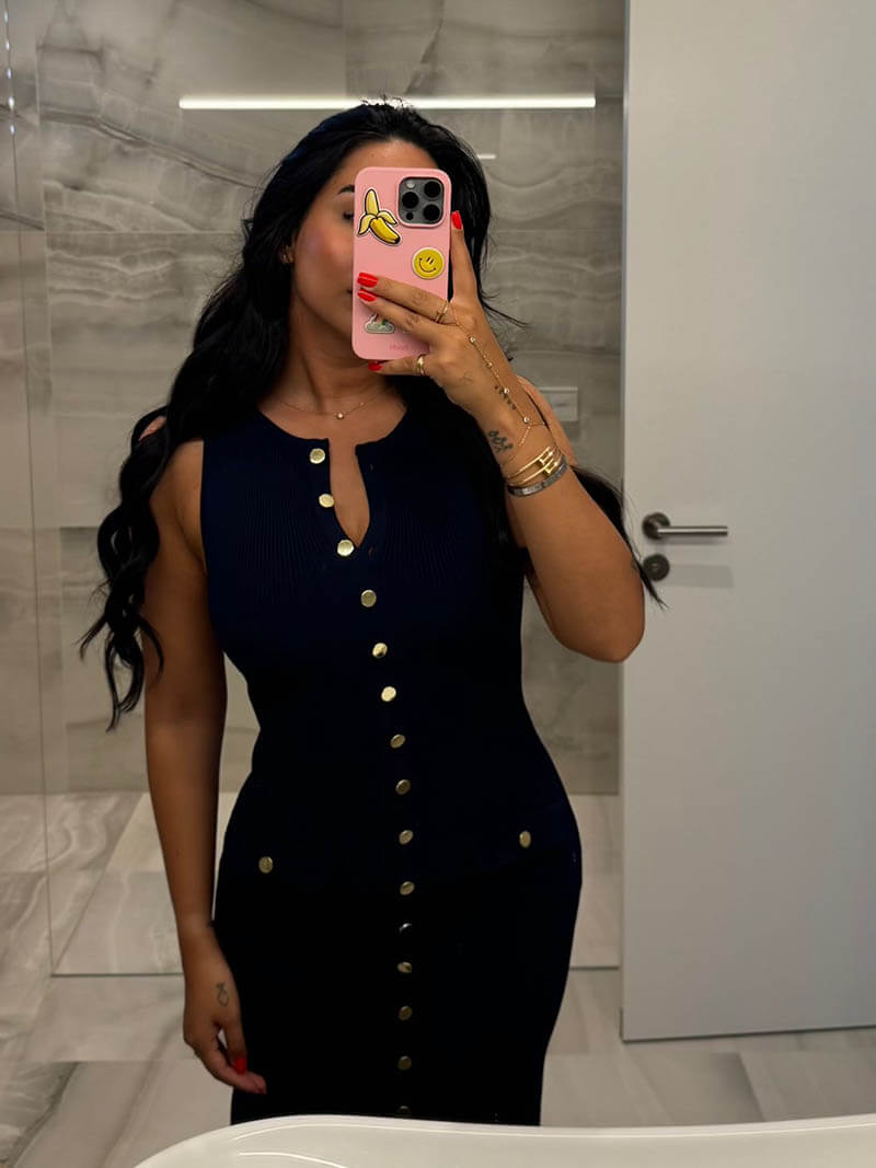 Ribbed Knit Midi Dress with Gold Buttons