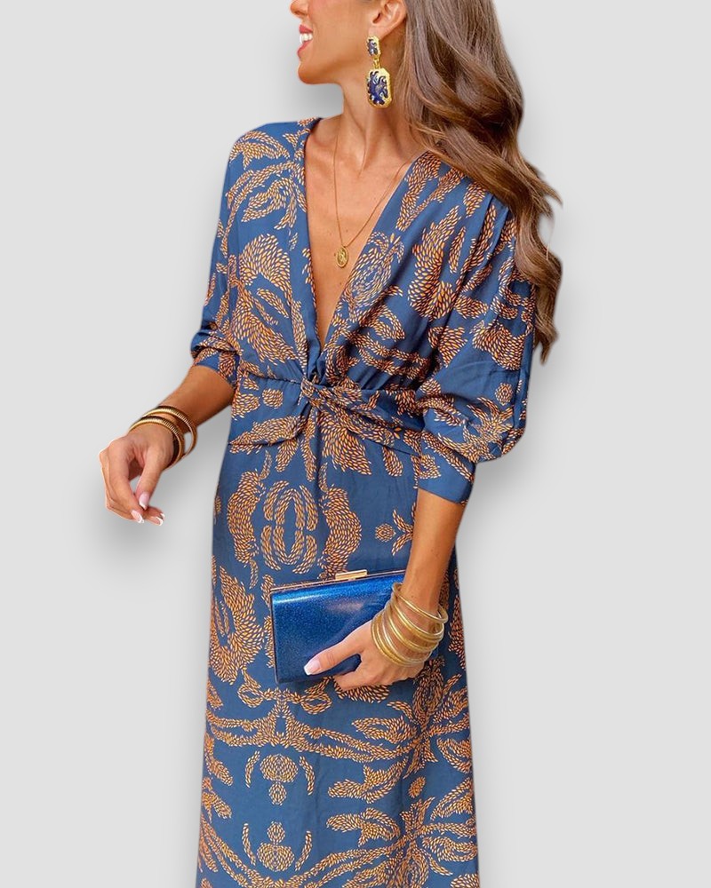 Women's Printed V-Neck Long Sleeve Dress with Knot Waist Detail-83293-6c407eba-bc05-43bf-969d-3dc9aea86bf8