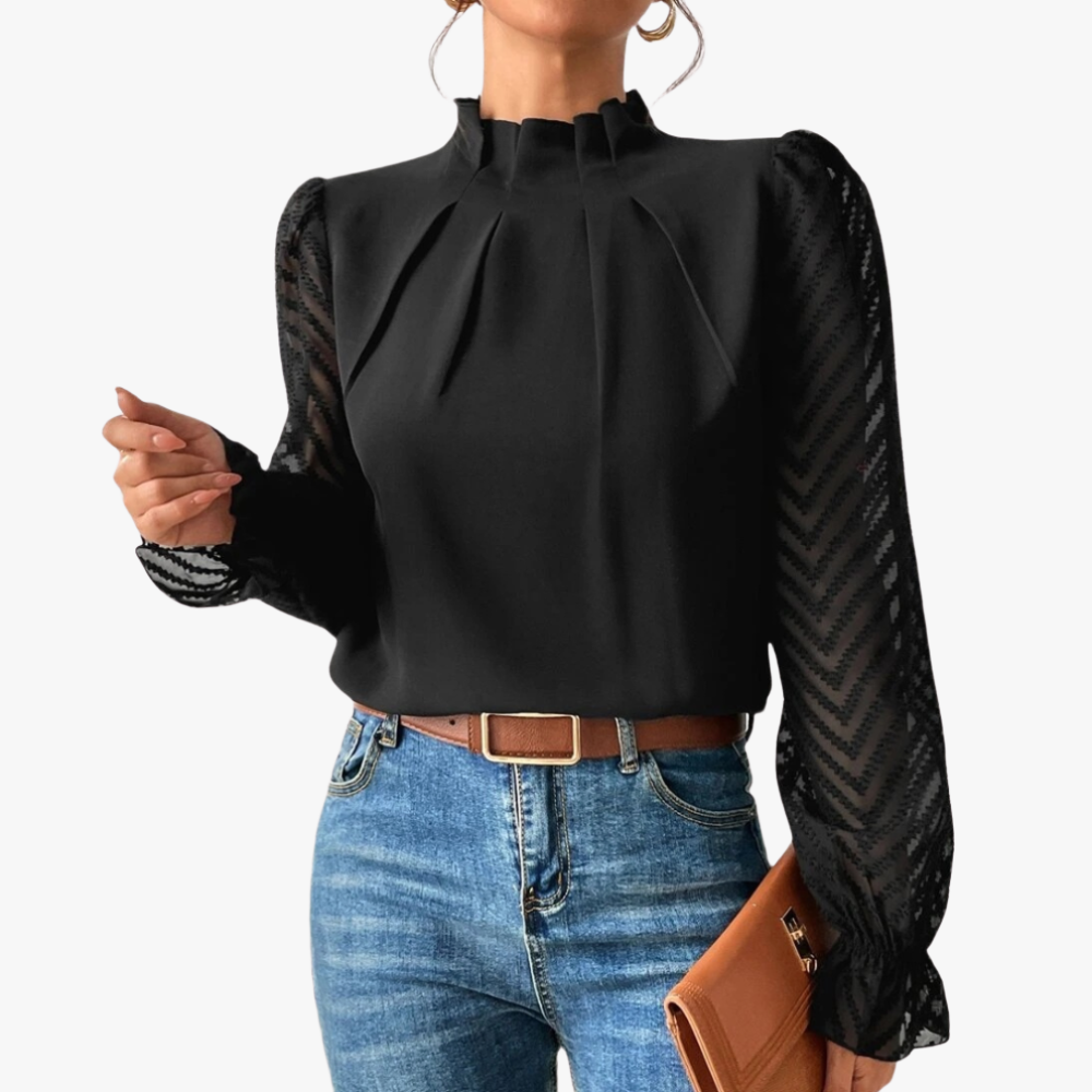 High Neck Blouse - Sheer Chevron Sleeves