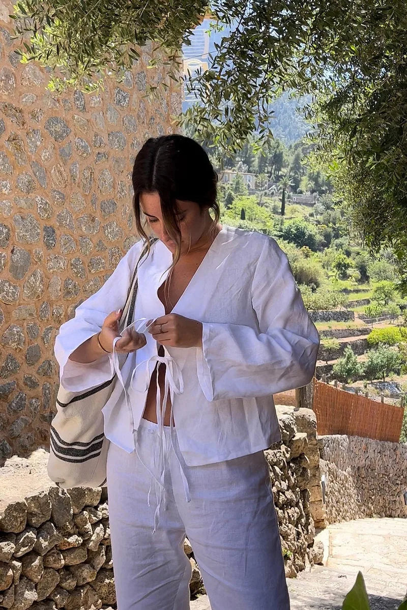 Women's Linen Two-Piece Set – Long Sleeve Tie Front Top & Elastic Waist Shorts, Relaxed Fit-83296-7128b82b-2f99-4a39-bce2-a5e979173fc8