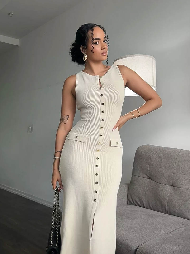 Ribbed Knit Midi Dress with Gold Buttons