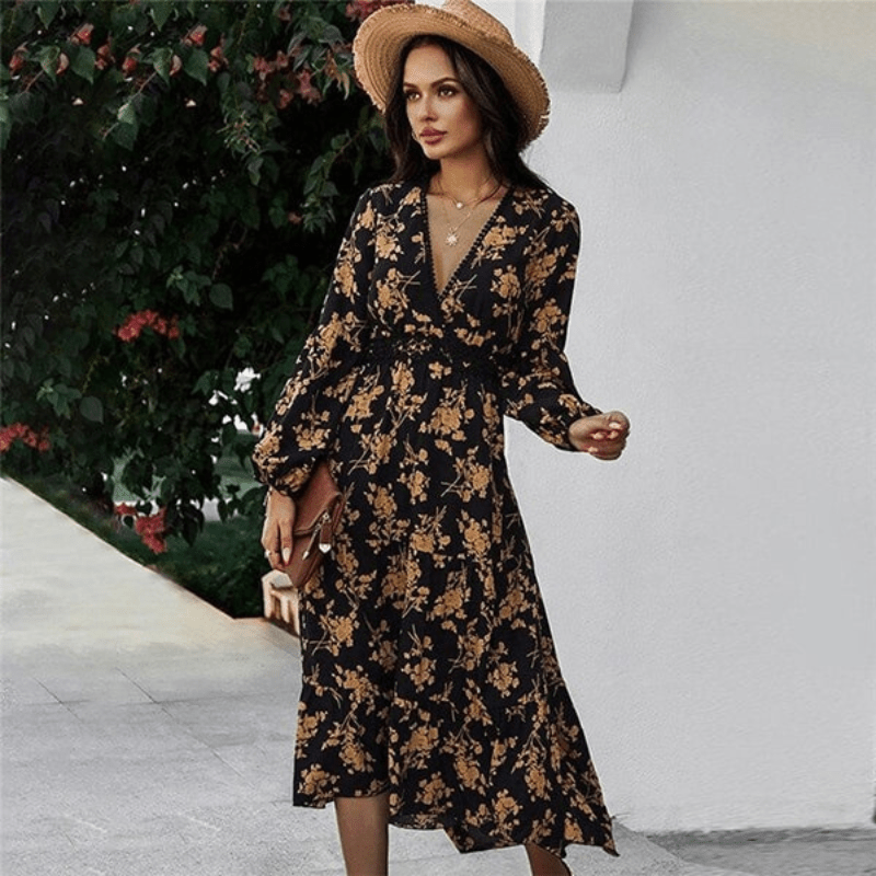Floral V-Neck Black Dress - Asymmetrical Hem