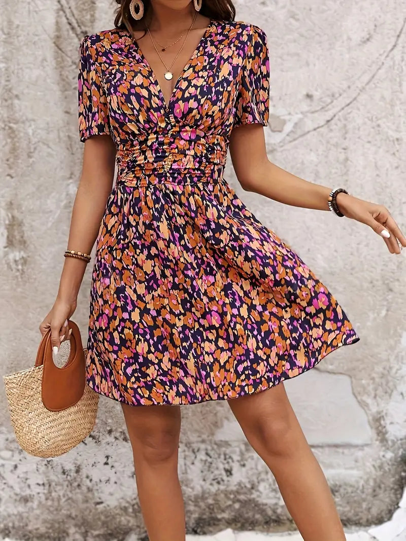 Floral V-Neck Flowy Dress with Ruching