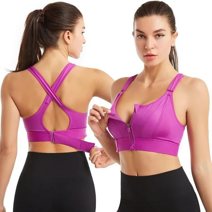 Zip Front Sports Bra - Crisscross Back, Moisture-Wicking