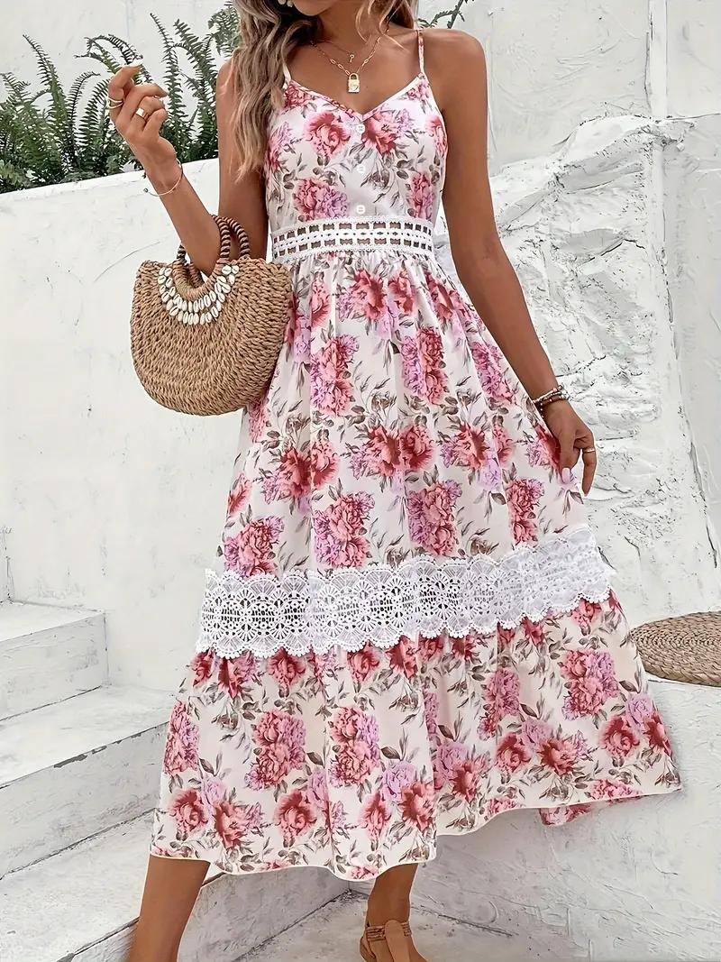 Floral Lace Midi Dress with V-Neck