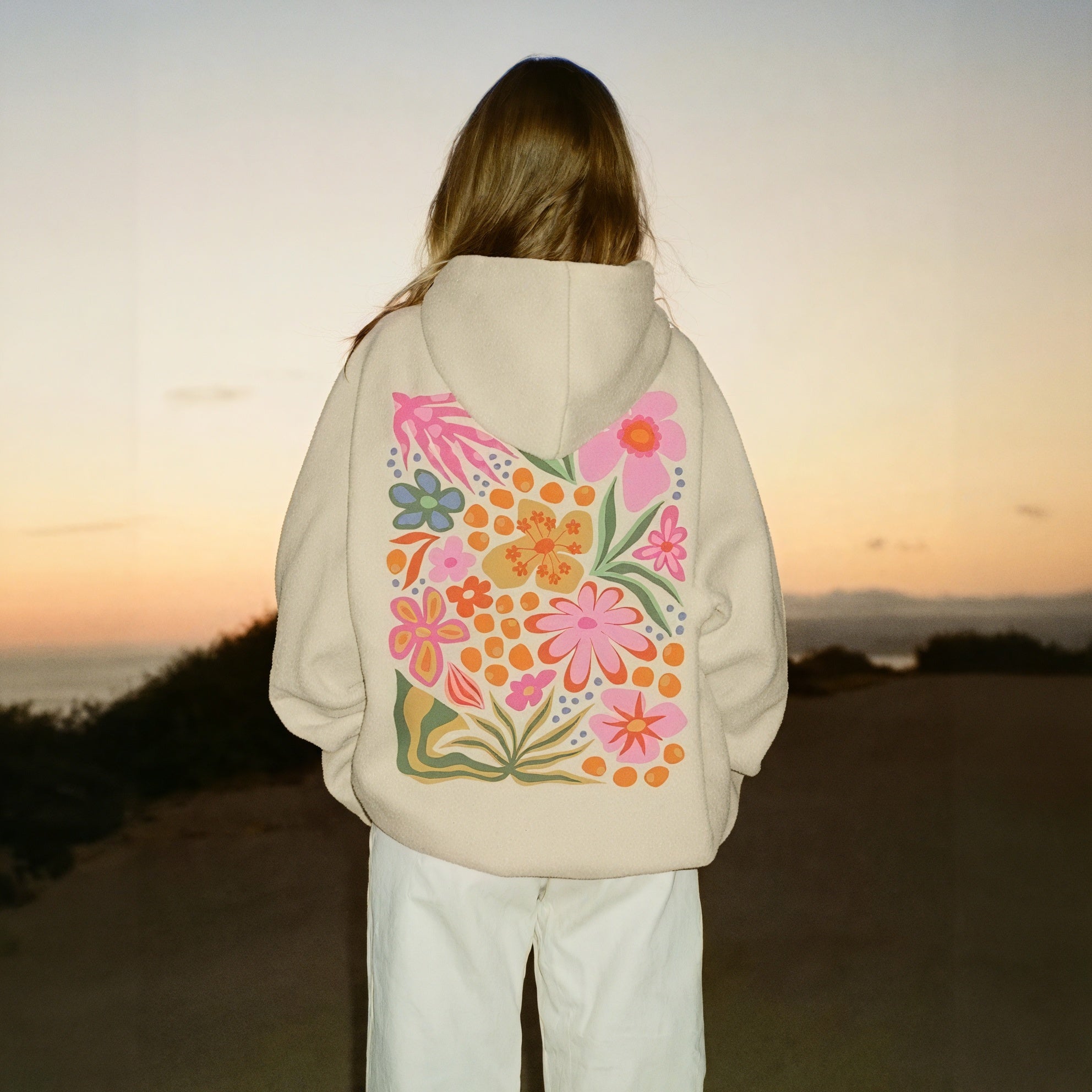 Floral Graphic Relaxed Fit Cream Hoodie