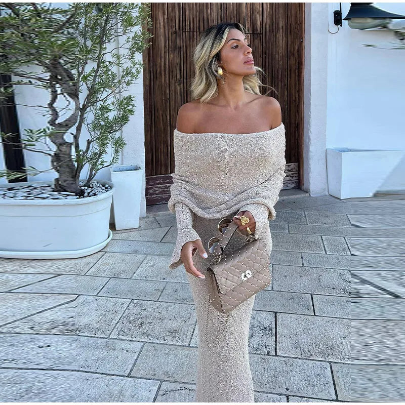 Shimmering Off-Shoulder Midi Dress