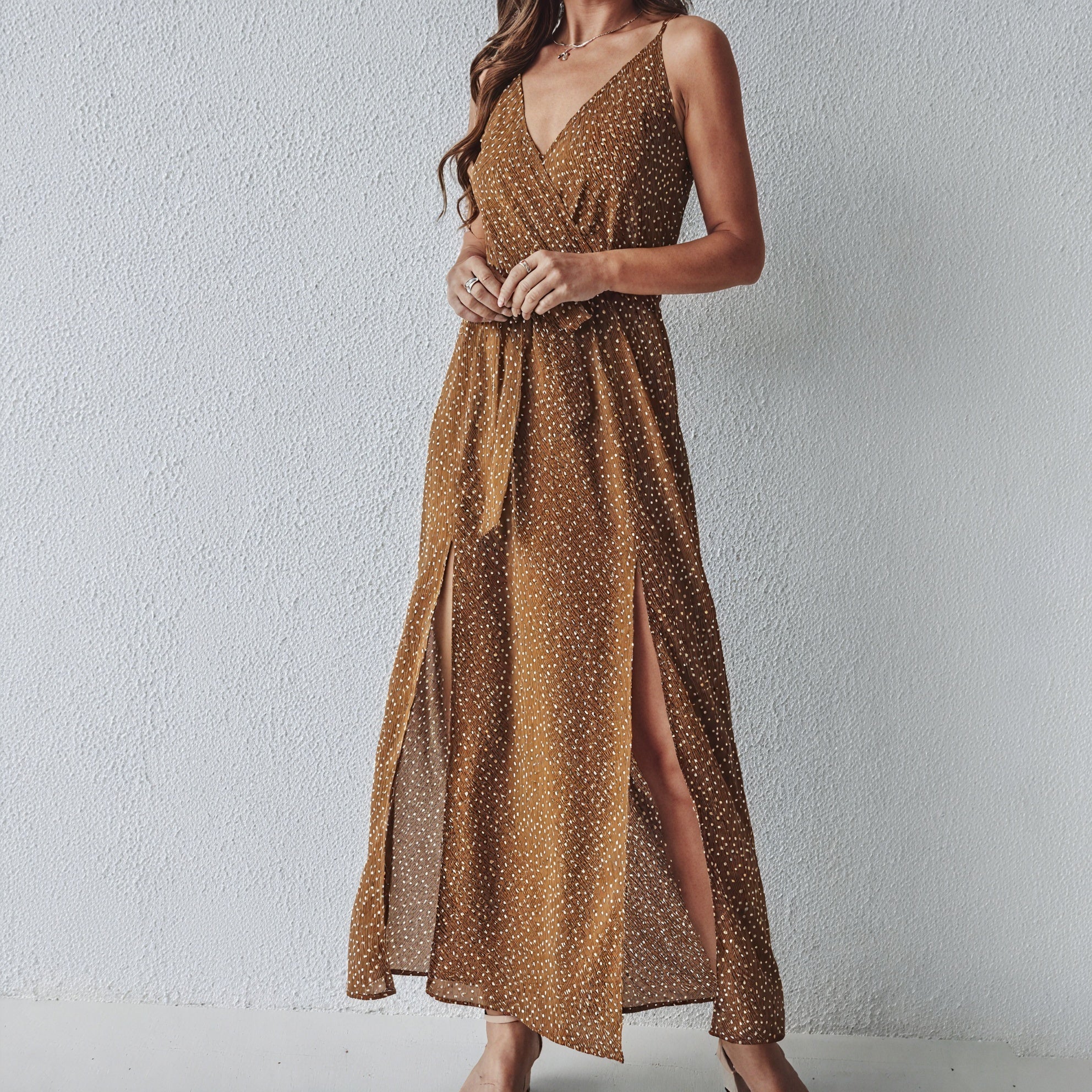 Polka Dot Maxi Dress - V-Neck & Slits