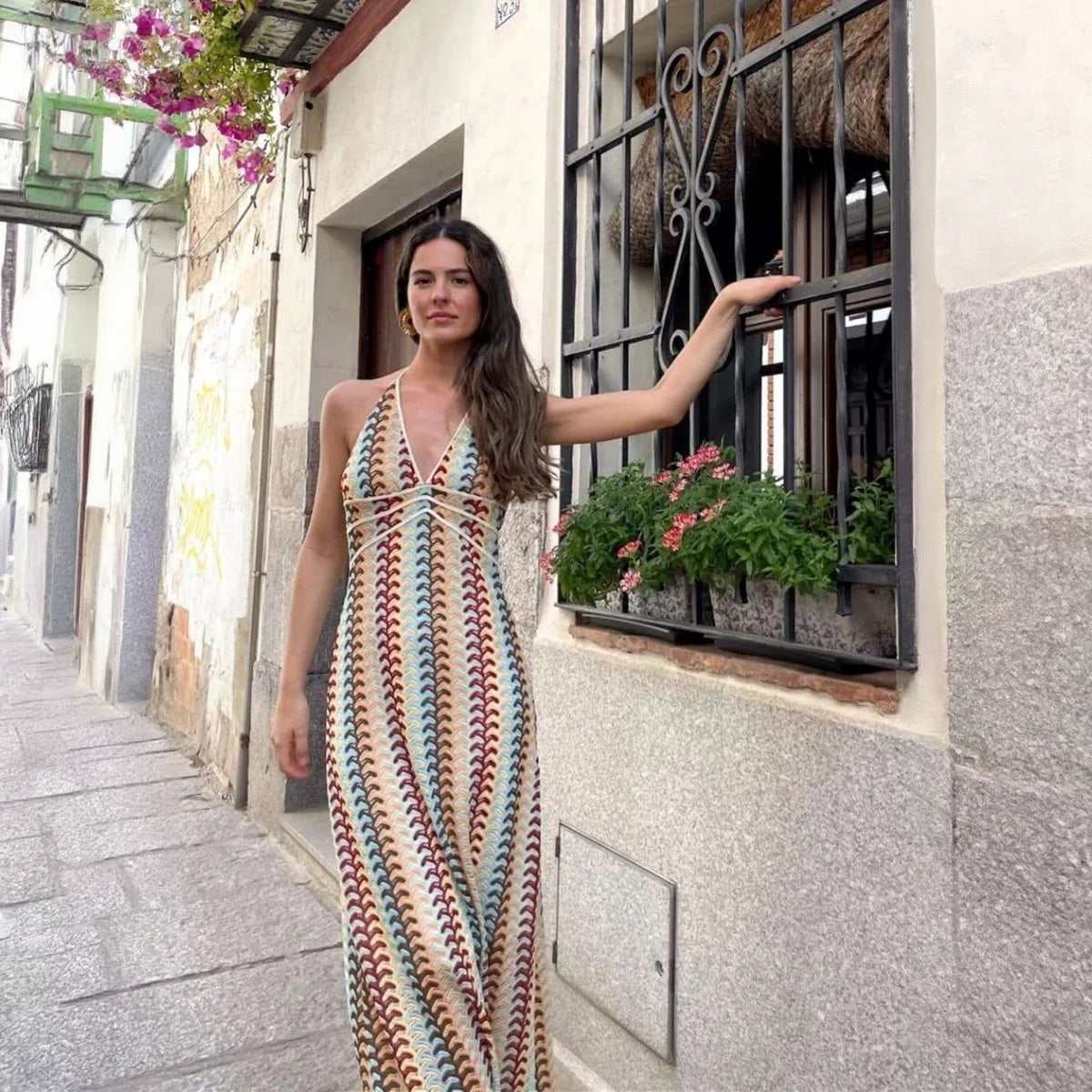 Bohemian Knit Halter Maxi Dress