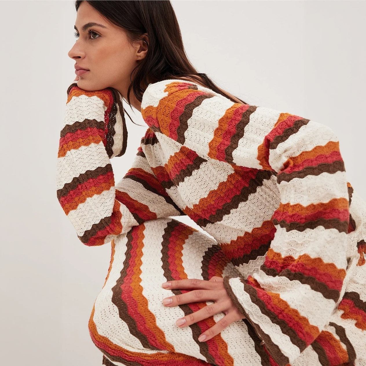 Striped Knit Maxi Dress - Flared Sleeves