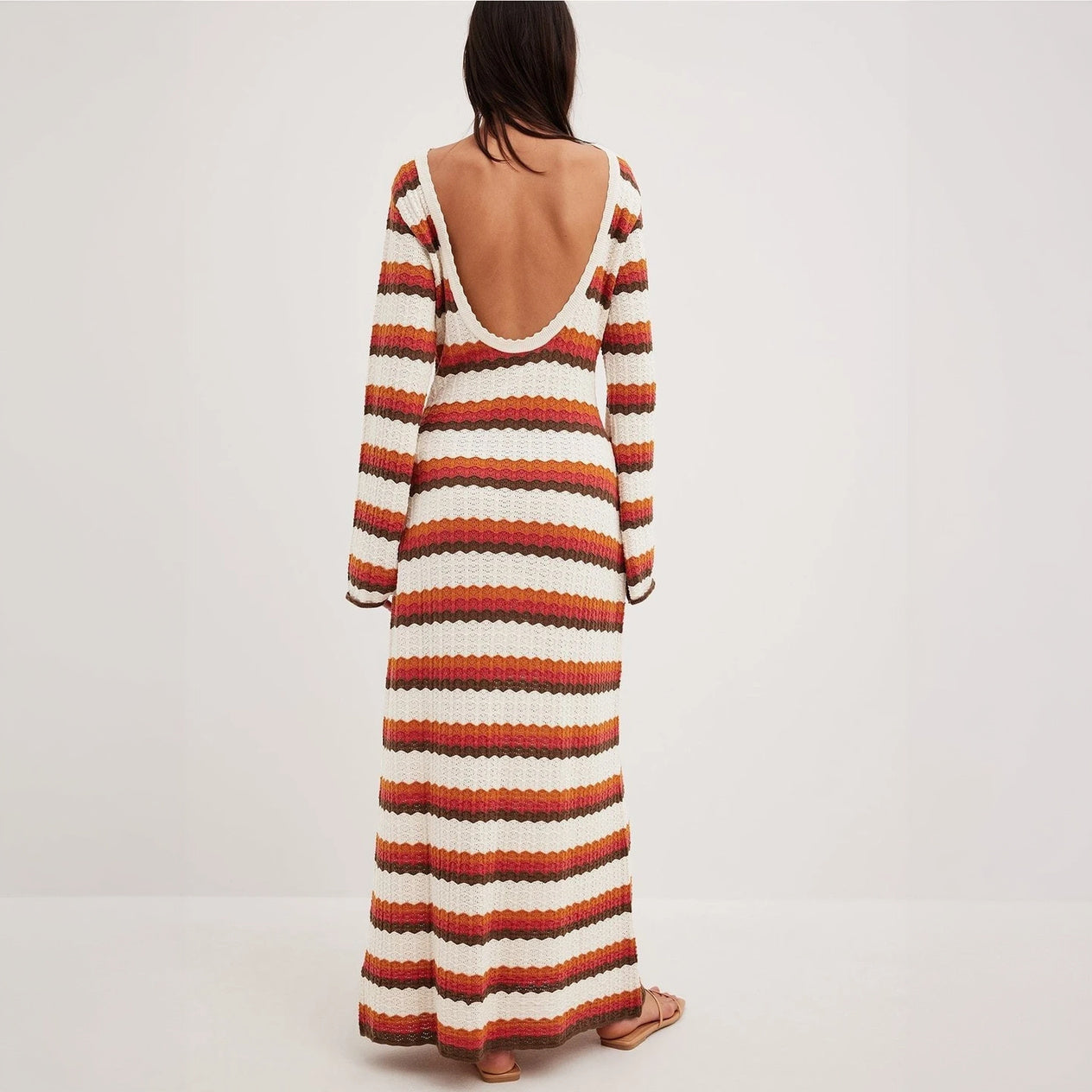 Striped Knit Maxi Dress - Flared Sleeves