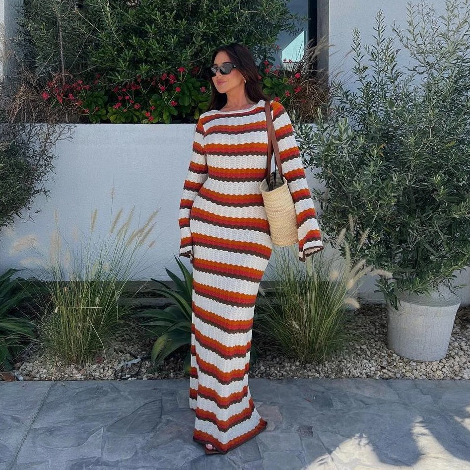 Striped Knit Maxi Dress - Flared Sleeves