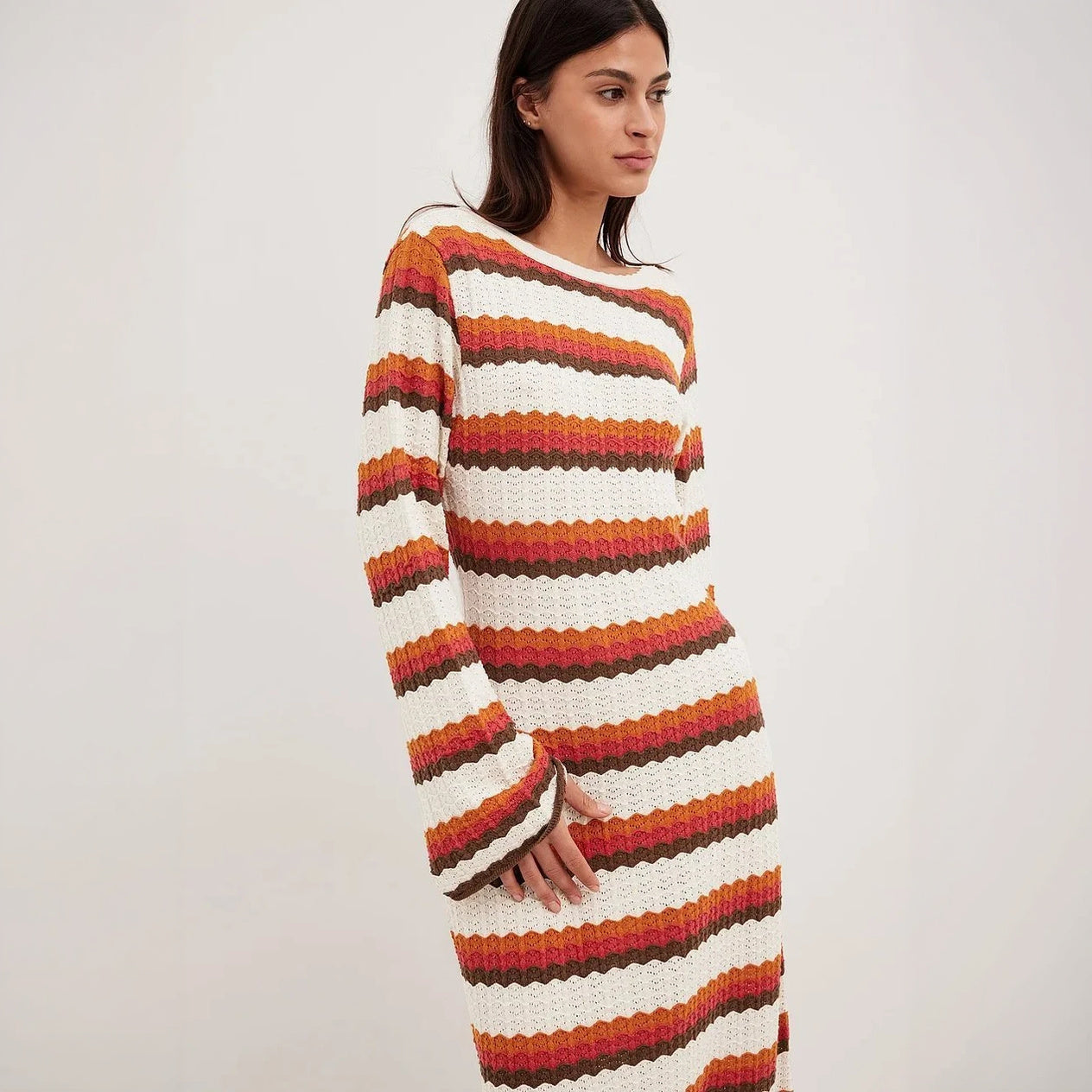 Striped Knit Maxi Dress - Flared Sleeves
