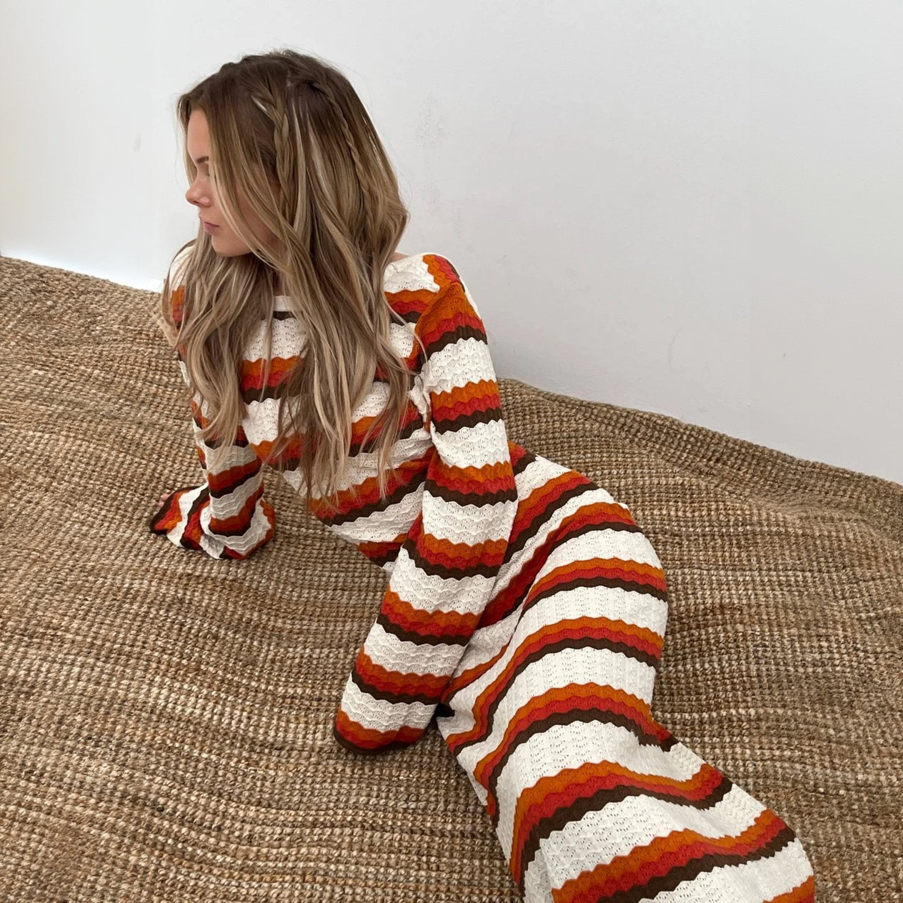 Striped Knit Maxi Dress - Flared Sleeves
