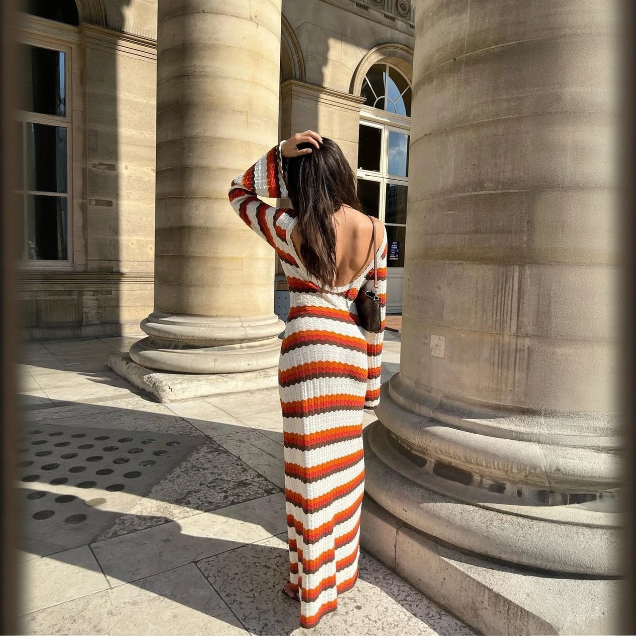 Striped Knit Maxi Dress - Flared Sleeves