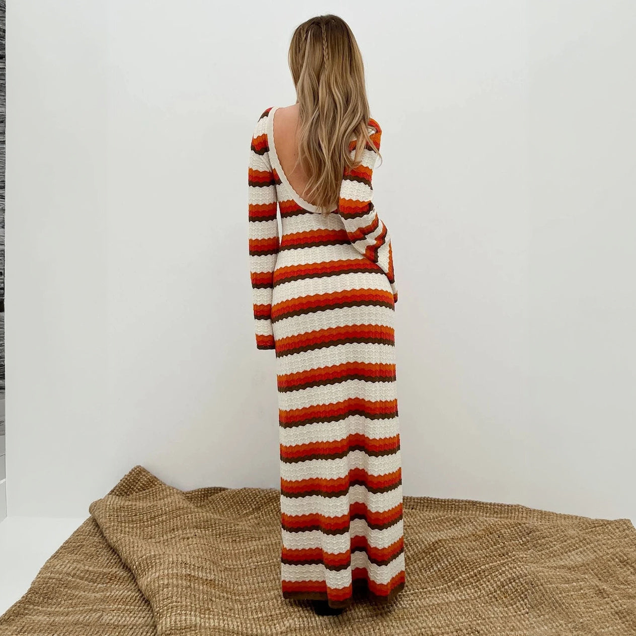 Striped Knit Maxi Dress - Flared Sleeves