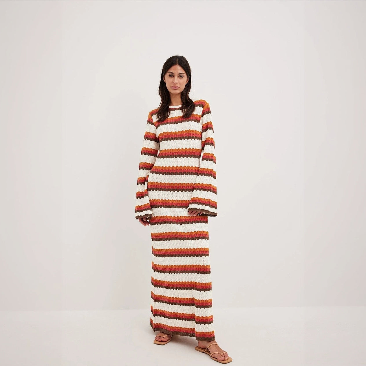 Striped Knit Maxi Dress - Flared Sleeves