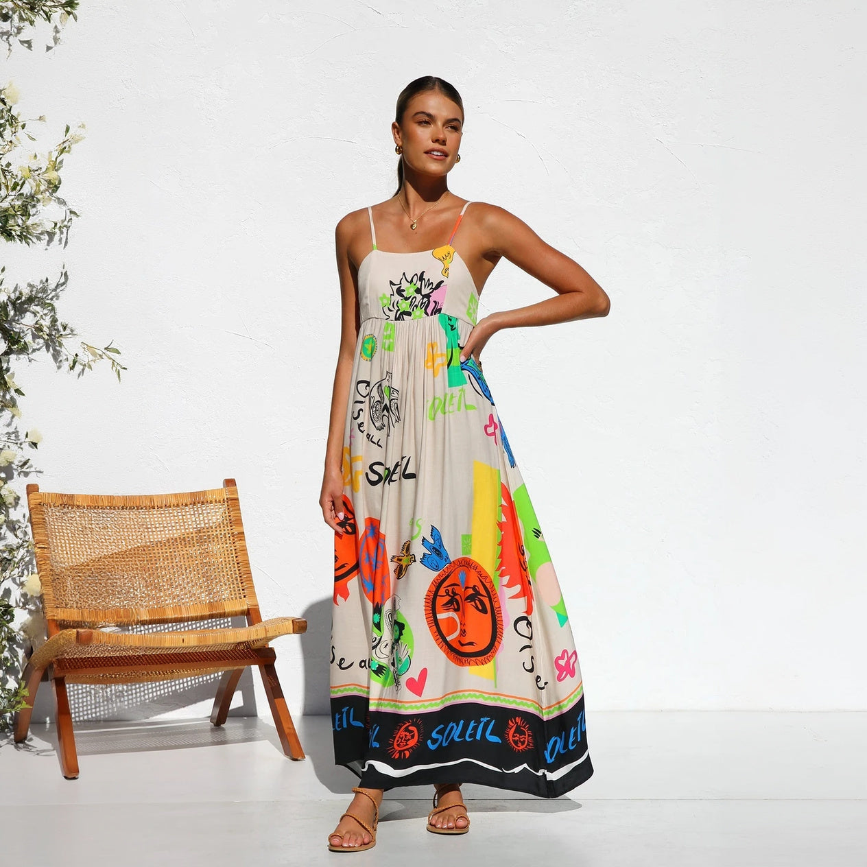 Artistic Print Maxi Dress - Spaghetti Strap Detail