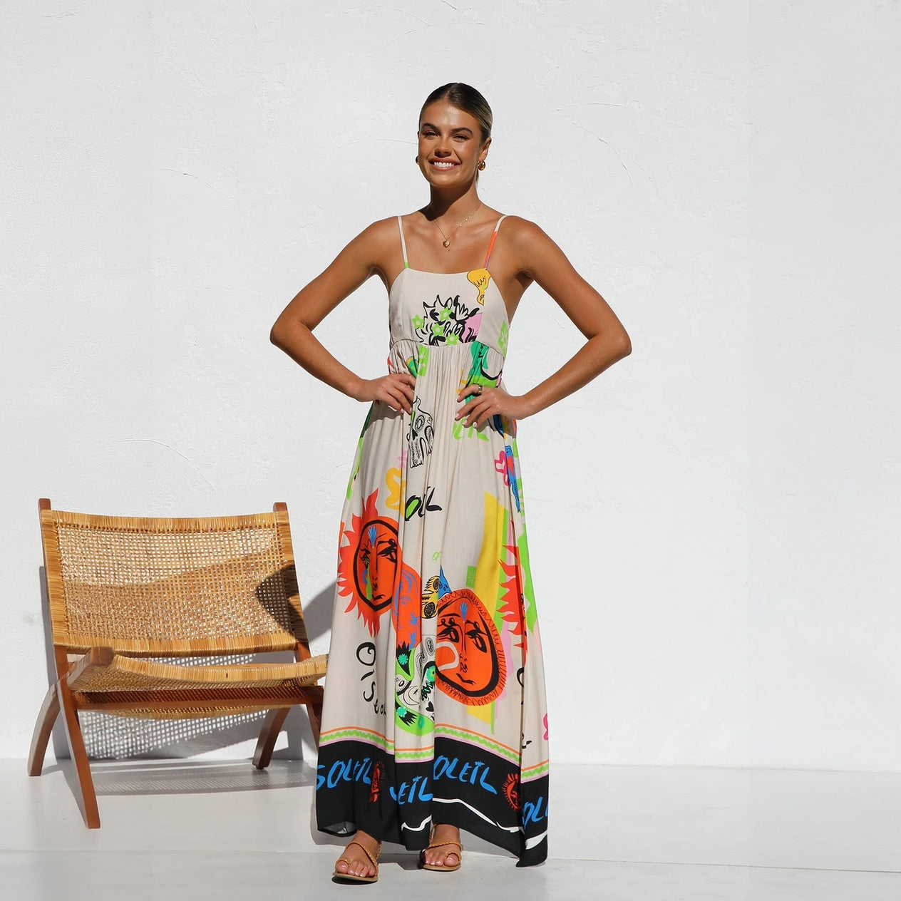 Artistic Print Maxi Dress - Spaghetti Strap Detail