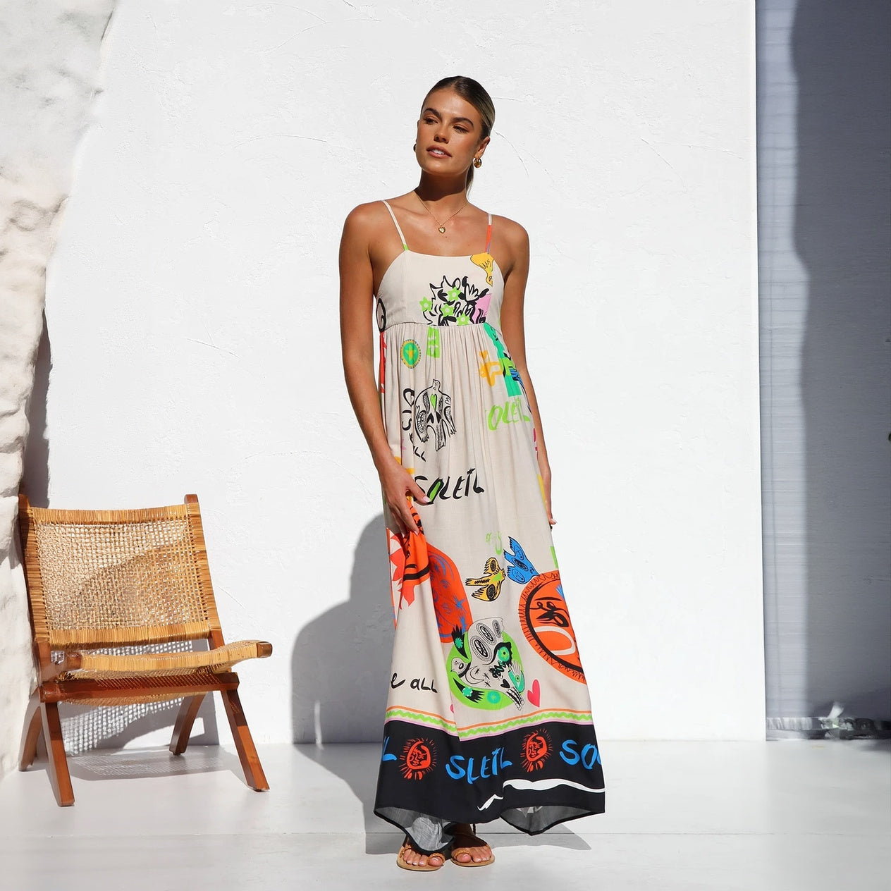 Artistic Print Maxi Dress - Spaghetti Strap Detail