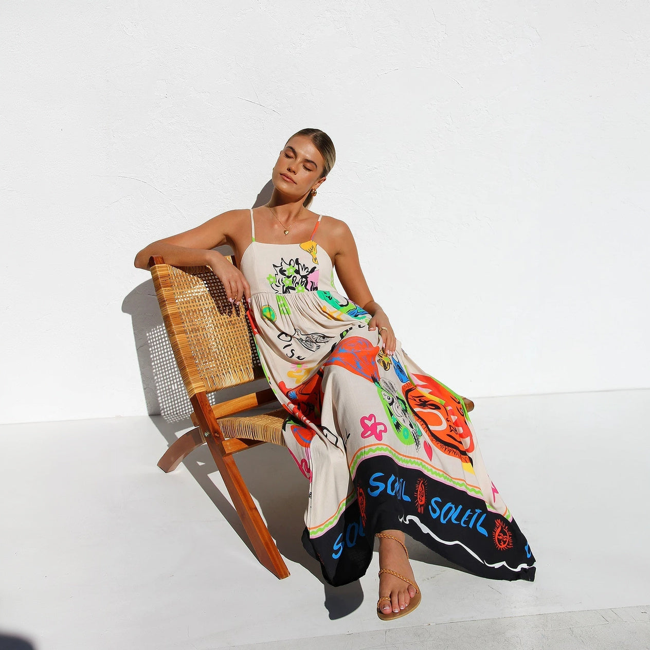 Artistic Print Maxi Dress - Spaghetti Strap Detail