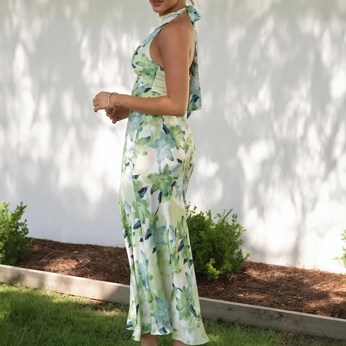 Floral Halter Maxi Dress - Flowing Green Silk