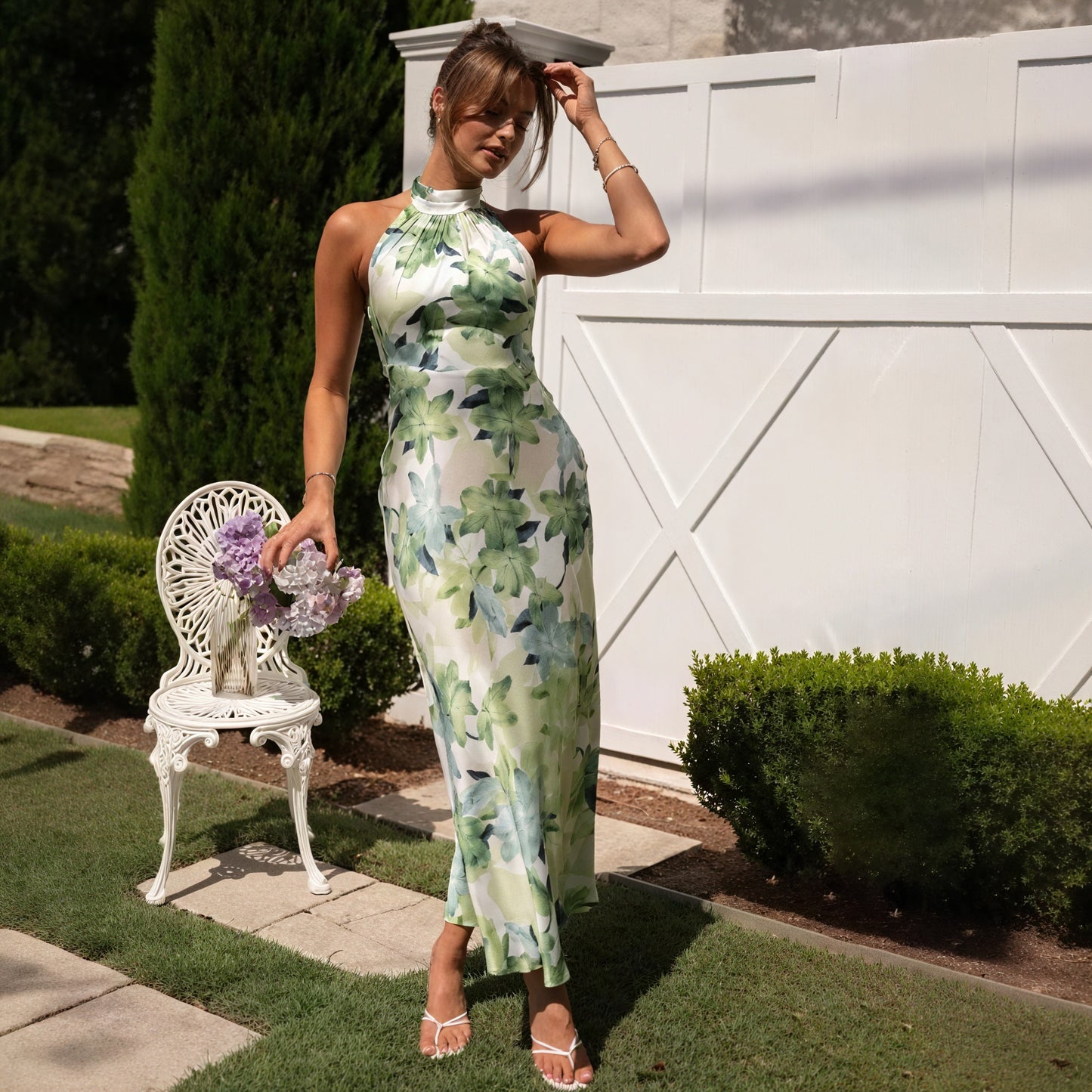 Floral Halter Maxi Dress - Flowing Green Silk