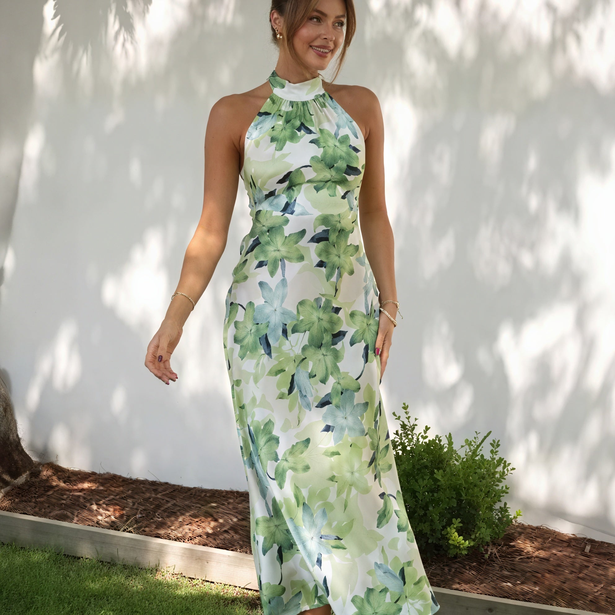Floral Halter Maxi Dress - Flowing Green Silk