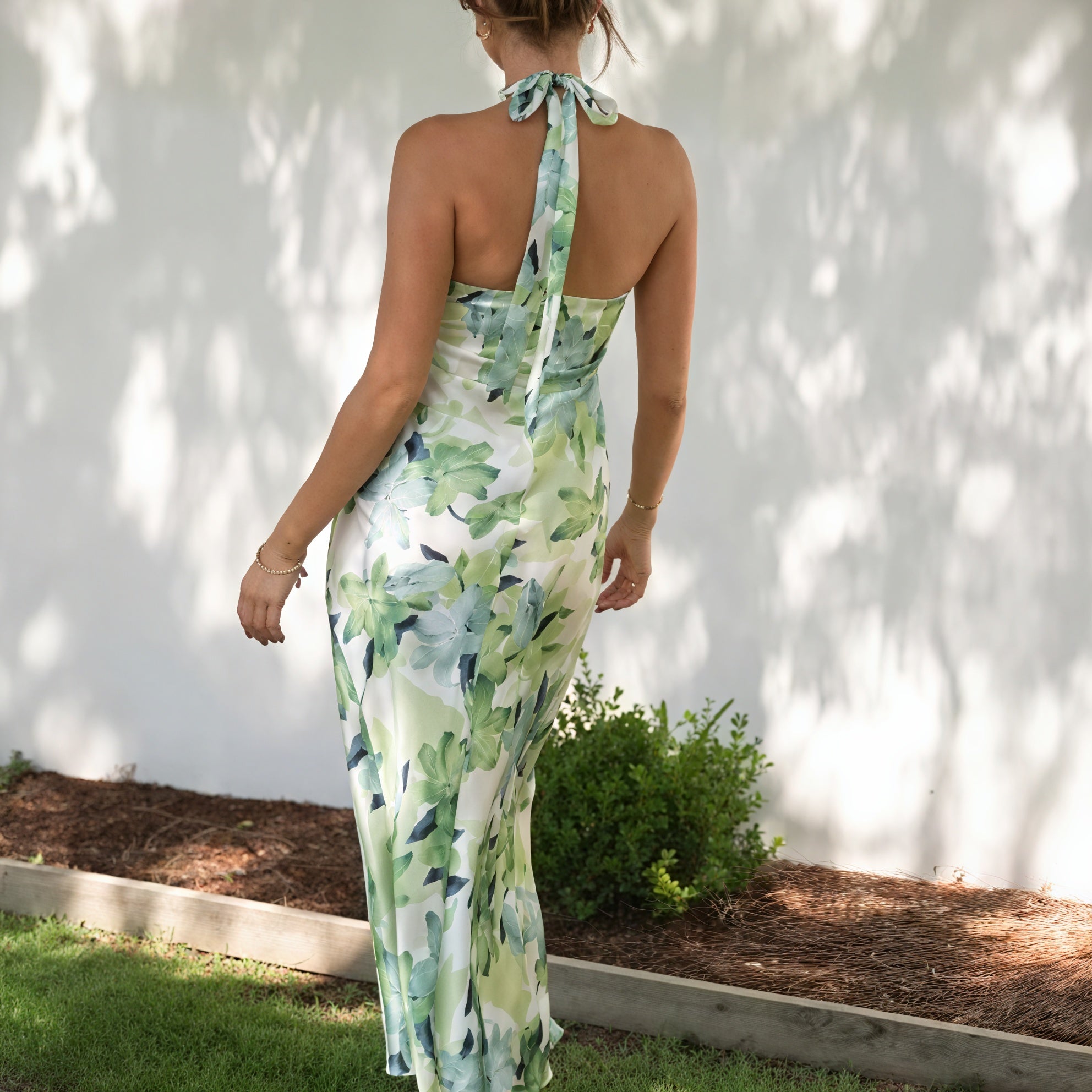 Floral Halter Maxi Dress - Flowing Green Silk