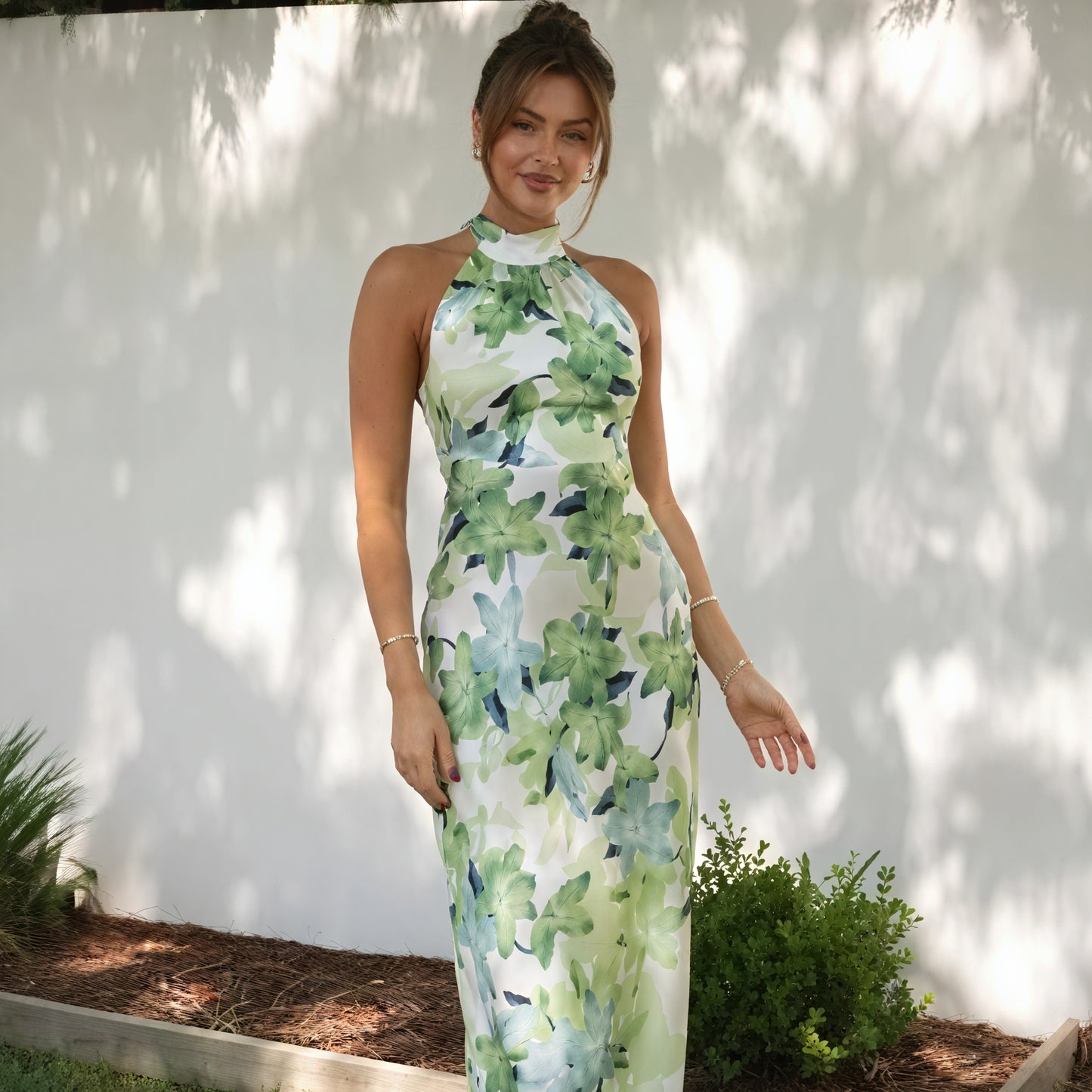 Floral Halter Maxi Dress - Flowing Green Silk