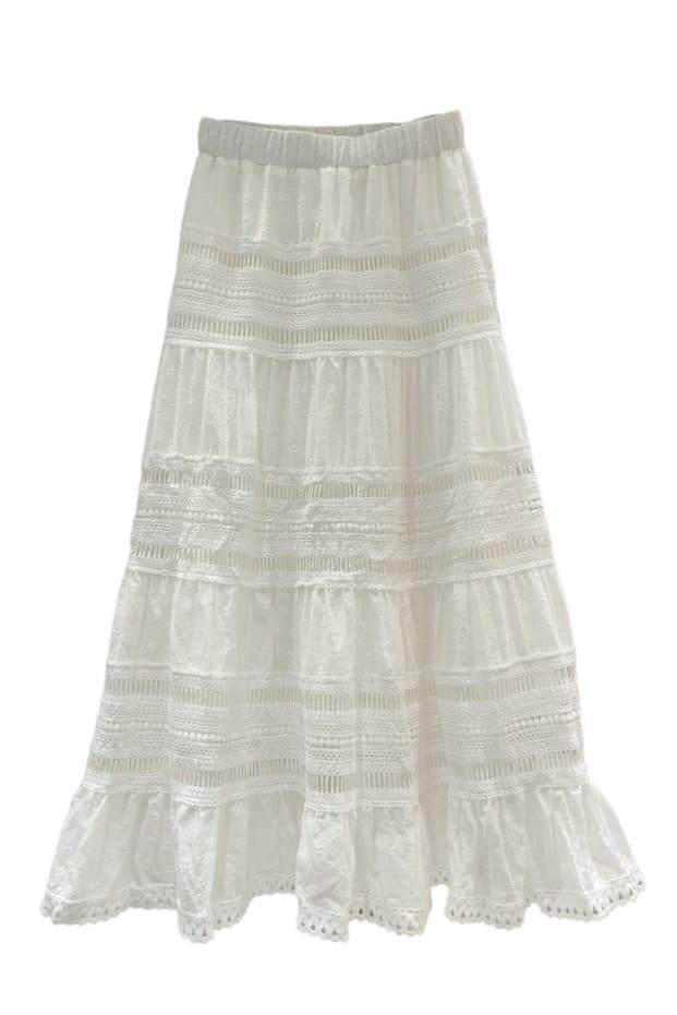 Lace Tiered Maxi Skirt - White Cotton
