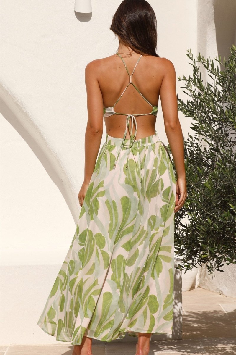 Leaf Print Halter Maxi Dress - Cutout Detail