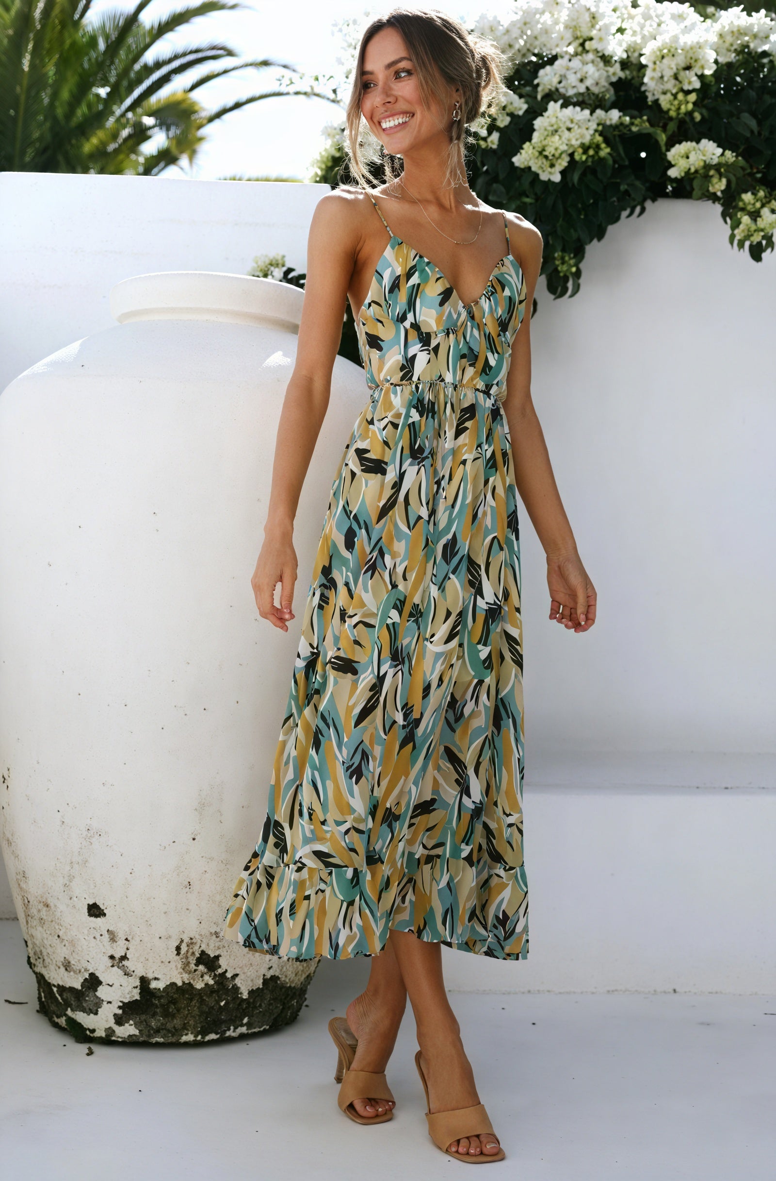 Abstract Print Maxi Dress with V-Neck